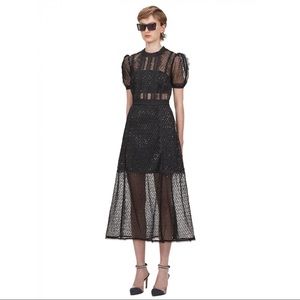 Self-portrait black sequin mesh puff sleeve midi dress